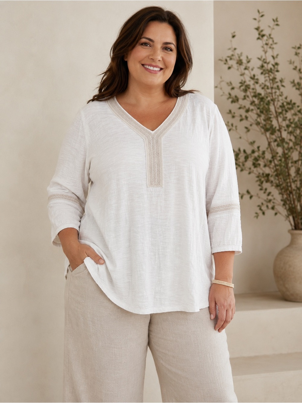J Jill ivory v neck 3/4 sleeve top size 3X embroidered cotton Bohemian coastal